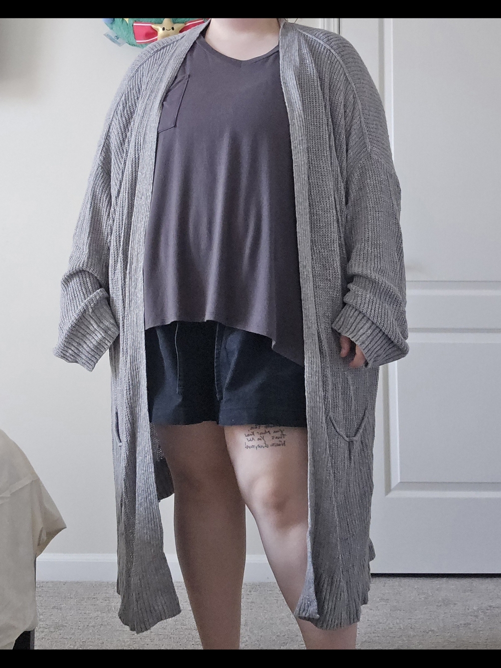 Long Open-Front Ribbed Cardigan in Light Gray